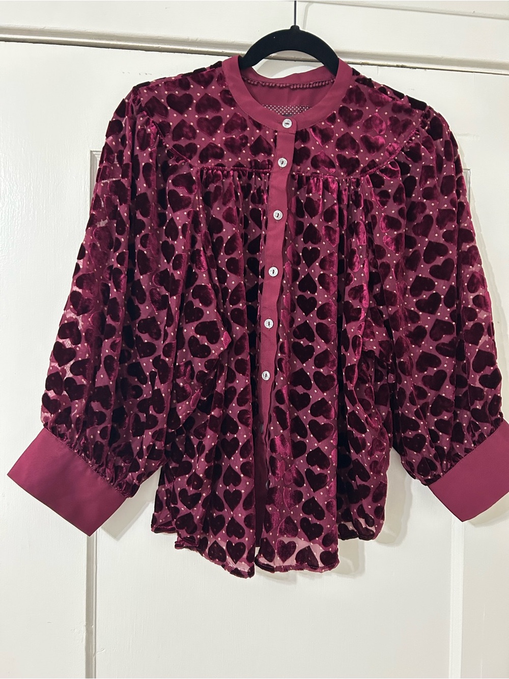 Maeve Velvet Heart Print Button-Up Top - Burgundy